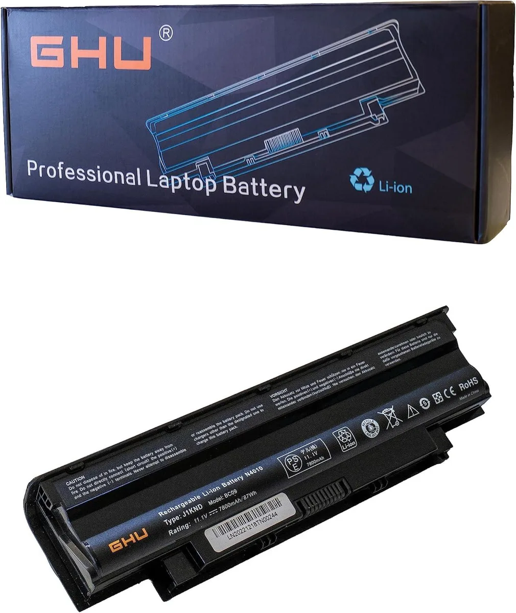 Rectangular black laptop battery with nine visible cells and label showing 11.1V 7800mAh 87Wh