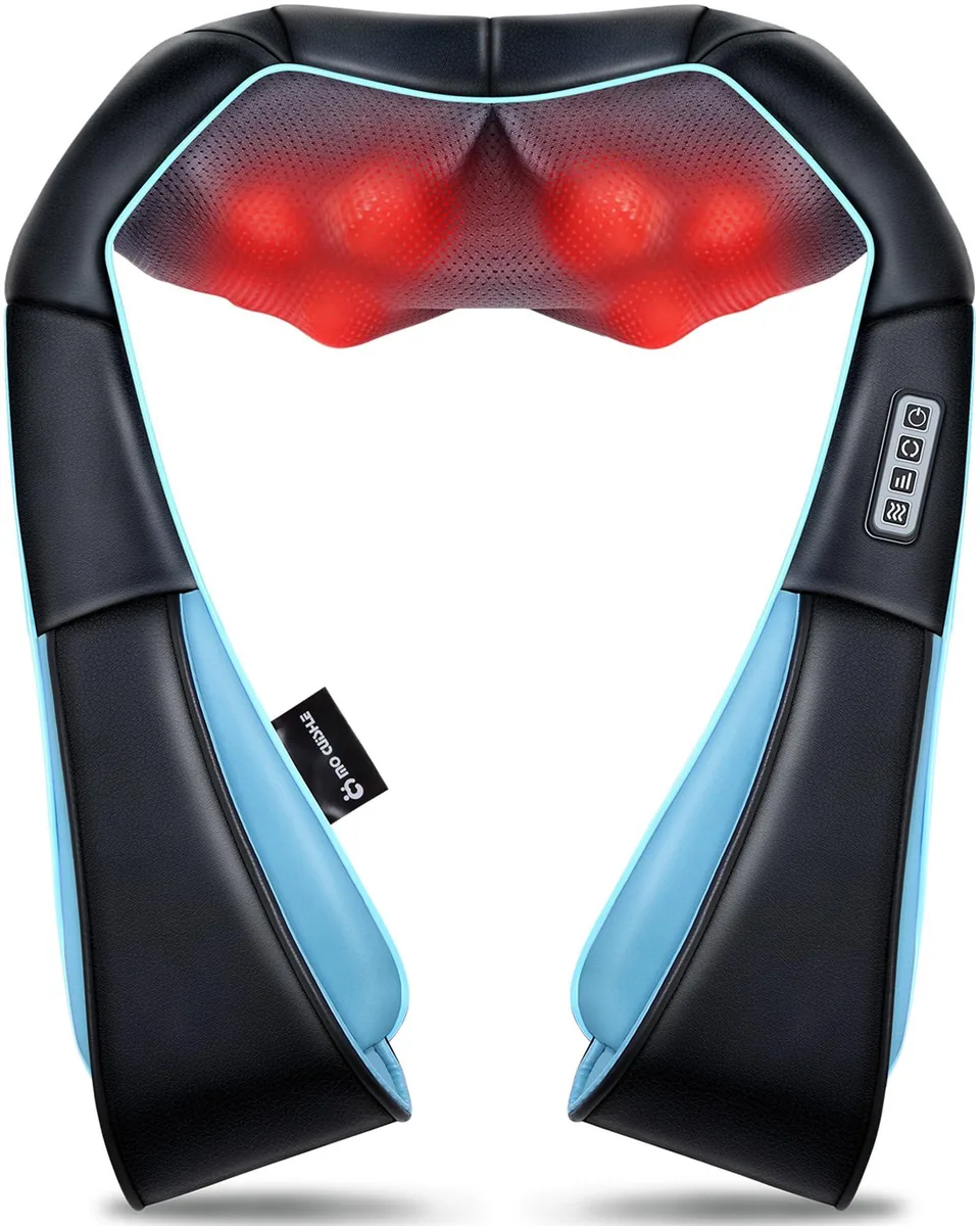 Blue rectangular massage mat with leather finish and mesh fabric, corded controller attached