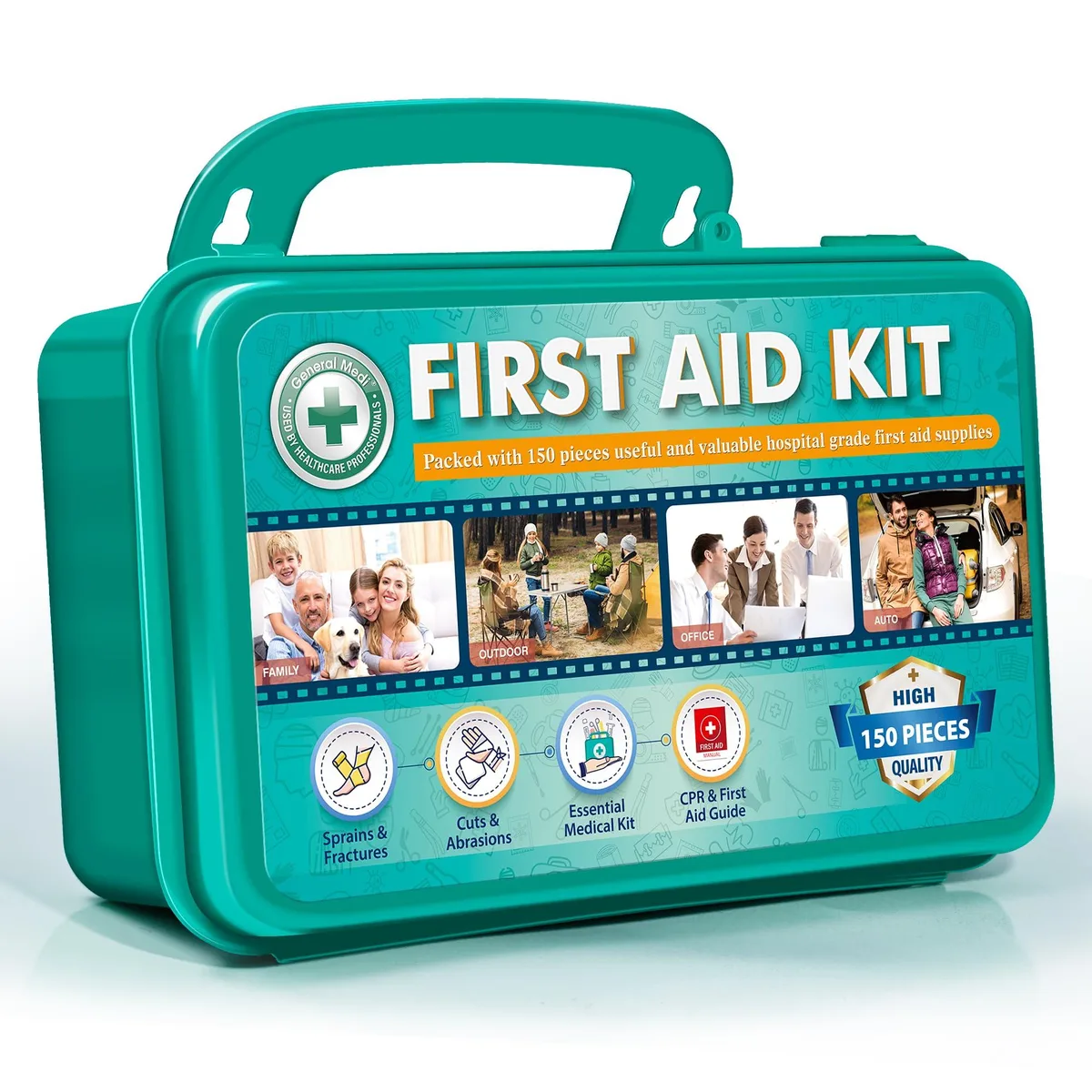 Red hard plastic first aid case with white cross logo and carry handle