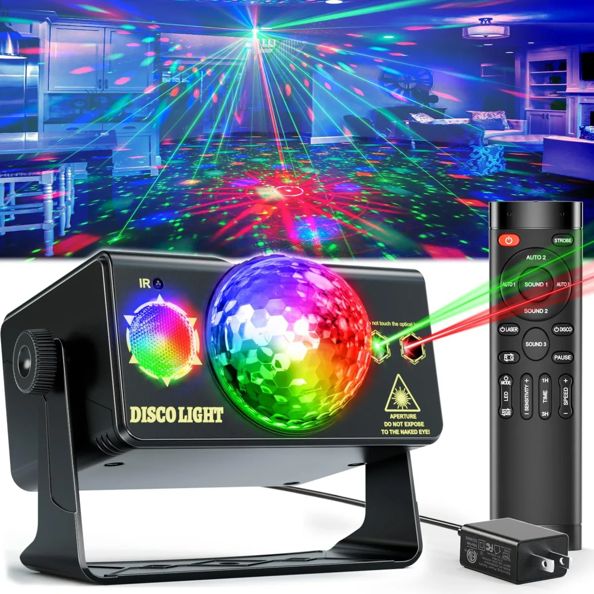 Black plastic LED spot light with disco ball, remote and brackets