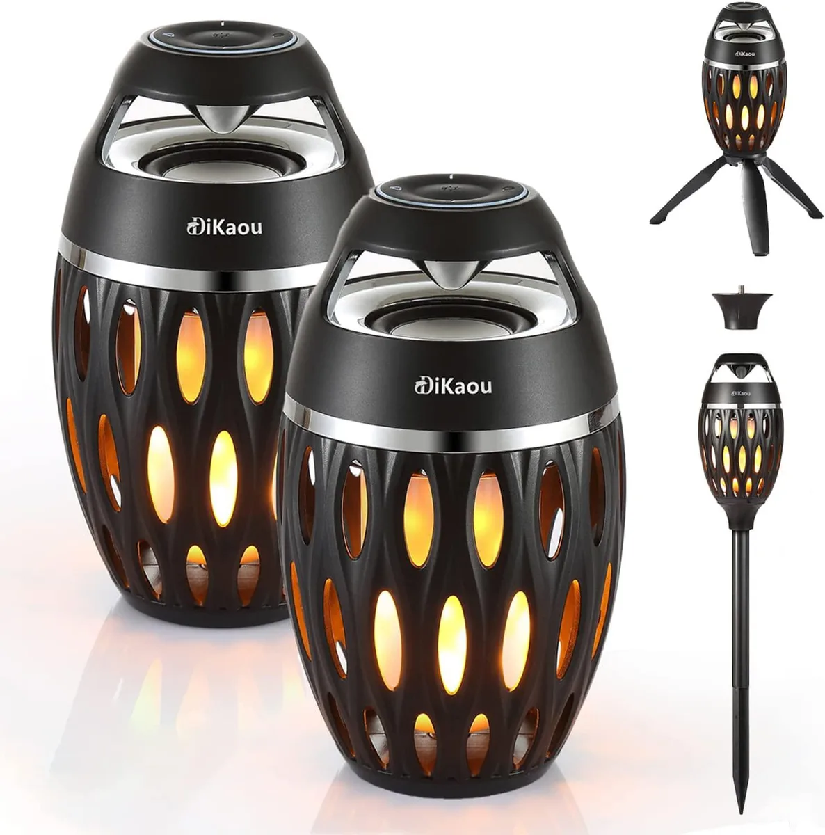 Two cylindrical lantern speakers with flickering flame effect, matte dark finish, tripod and stake included