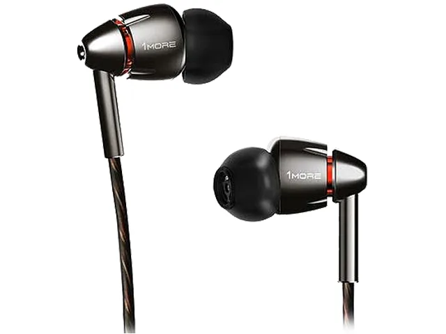 Silver-gray in-ear headphones with aluminum chambers and inline remote