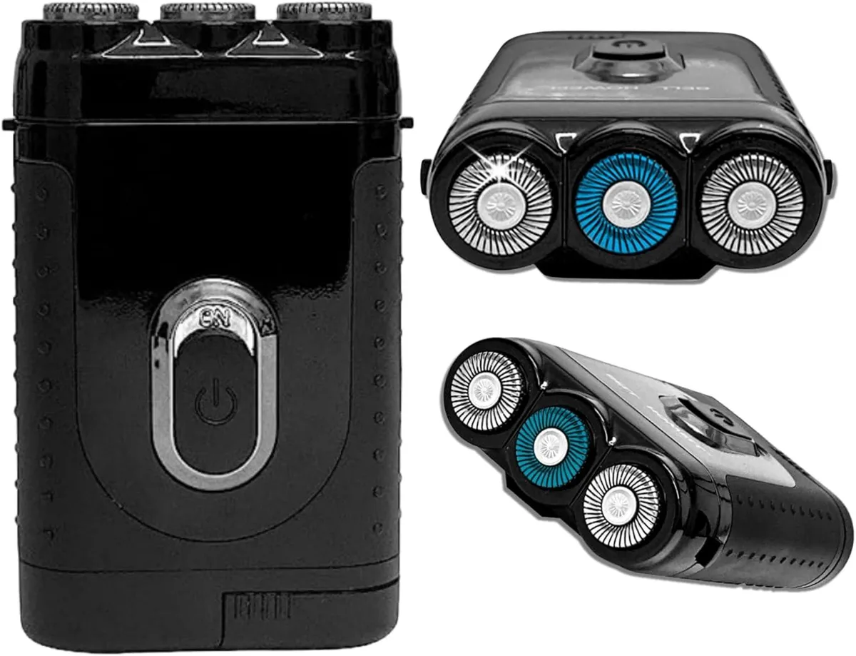 Black rotary electric shaver with three circular heads and pop-up trimmer extended