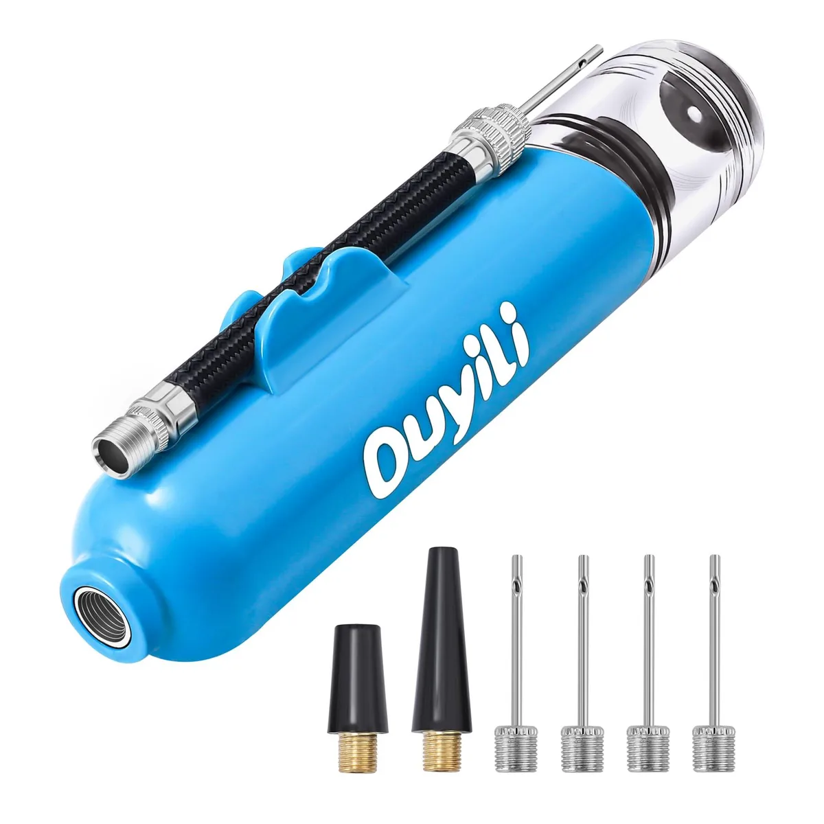 Blue dual-action hand pump with flexible hose and needles