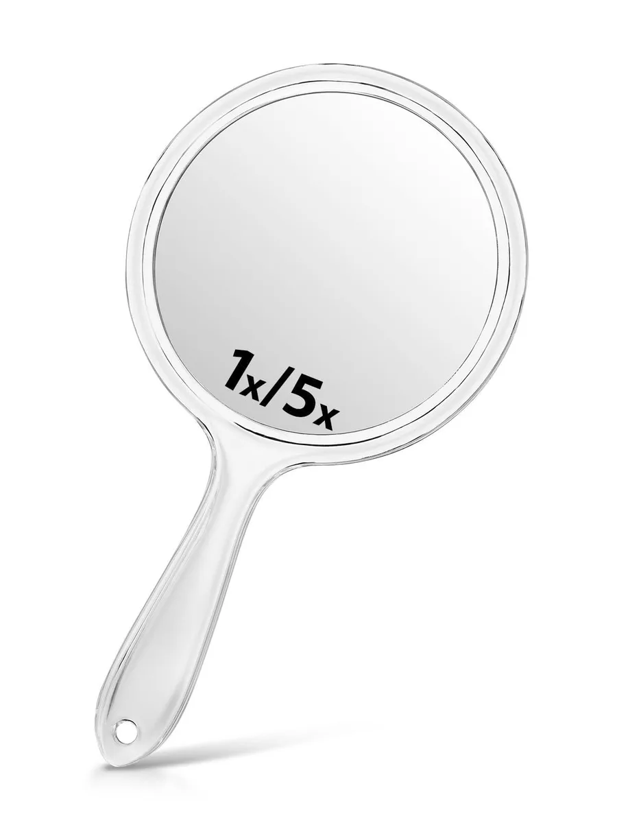 Clear round hand mirror with handle, 8.3 by 4.5 inches, double-sided 1X and 5X magnification