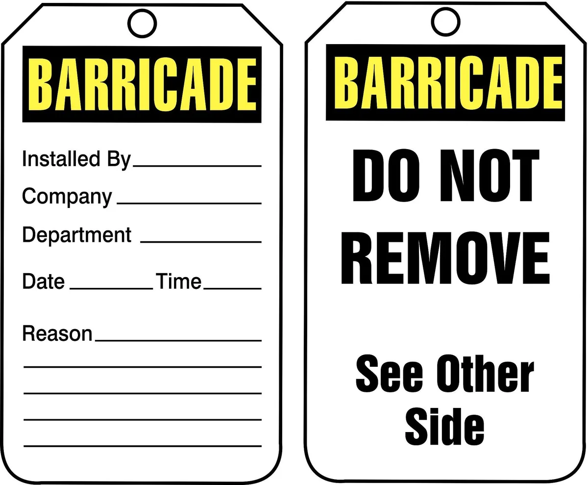 Pack of 25 rectangular plastic barricade tags with black header