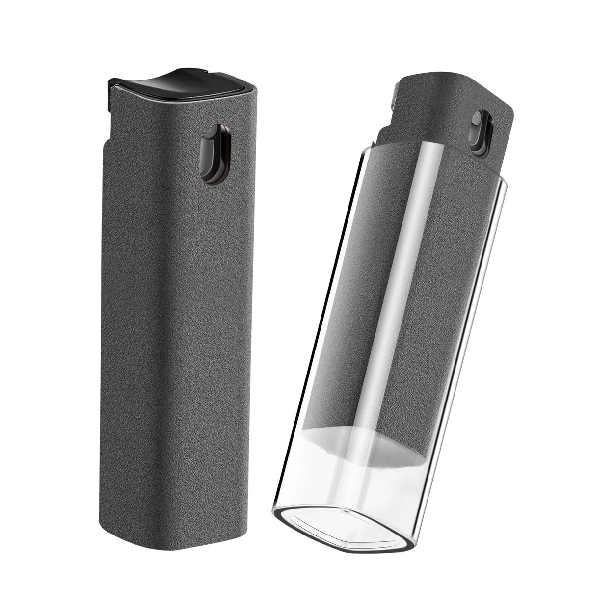 Compact all-in-one screen cleaner with spray, wipe and transparent protective shell, gray finish
