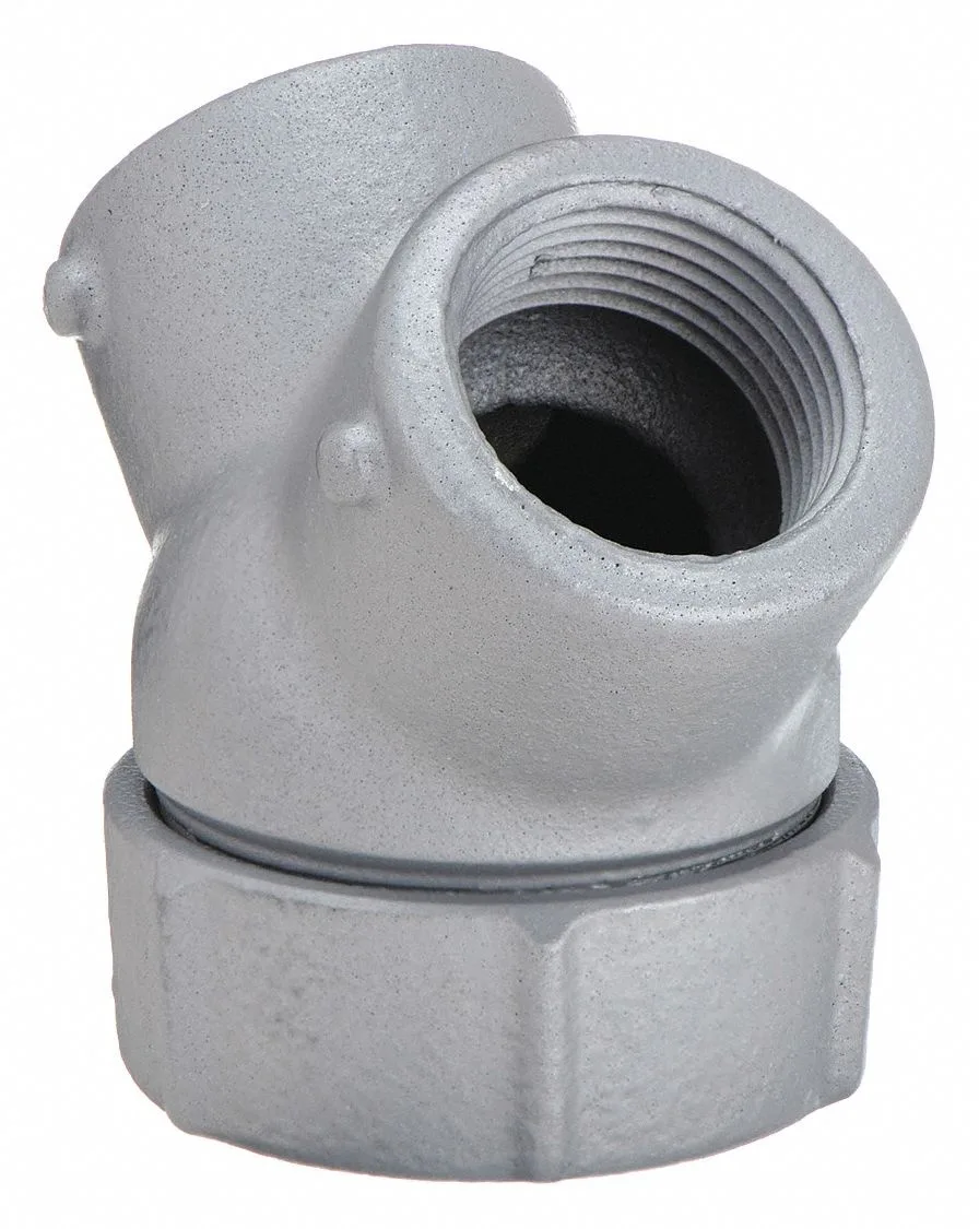 Gray iron 90 degree threaded conduit elbow, 3/4 inch trade size, chromate and powder coated finish