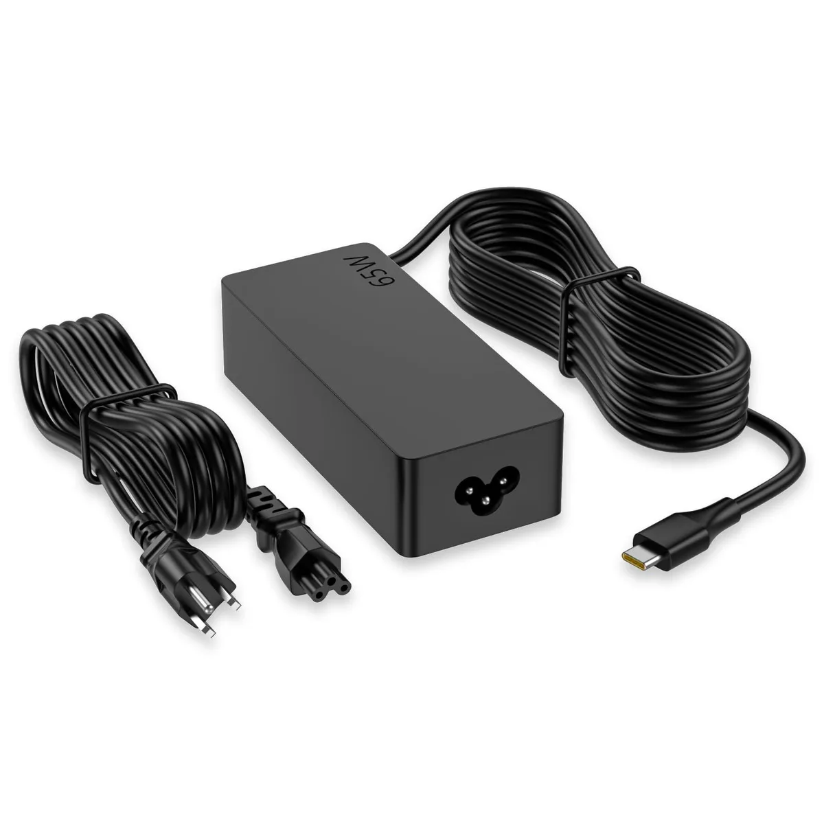 Black rectangular 65W USB-C power adapter with detachable cord