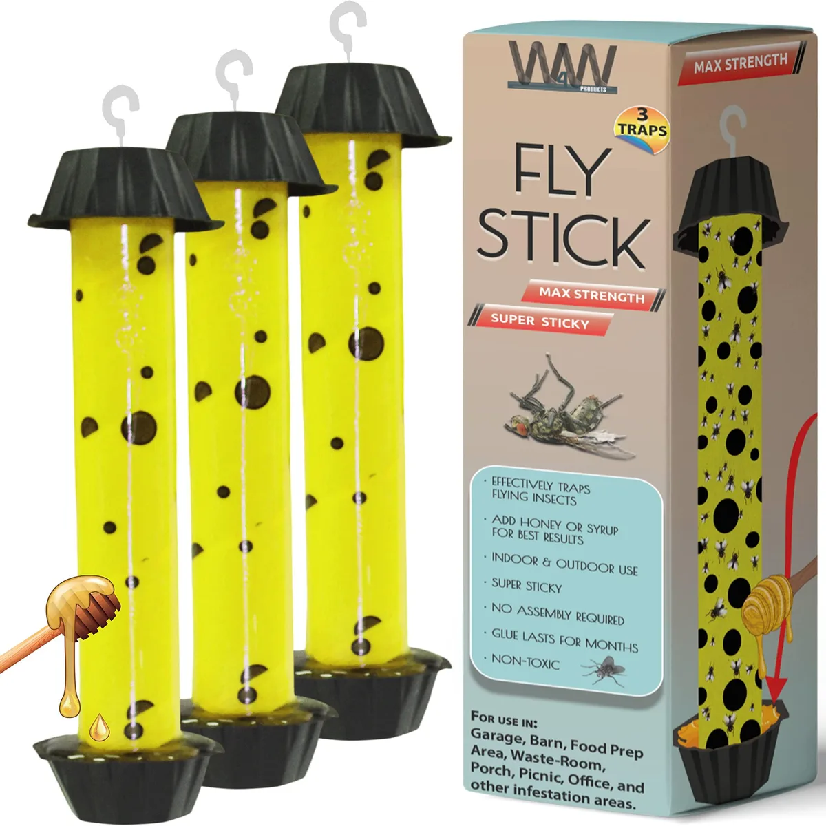 Three cylindrical sticky fly traps 10 inches long by 3 inches wide with plastic trays and hooks