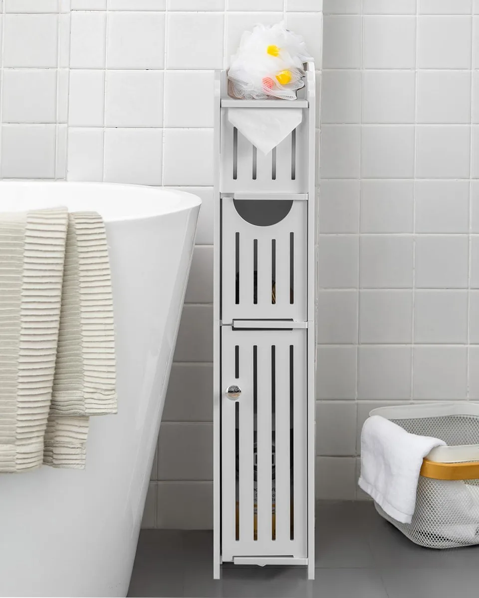 Narrow freestanding bathroom cabinet with two doors and toilet roll holder