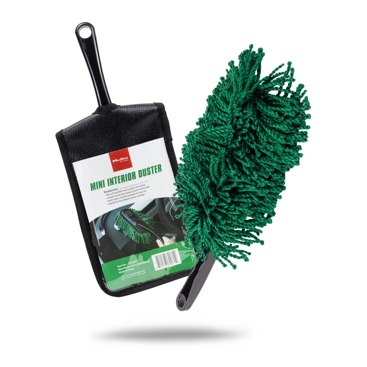 Blue mini microfiber duster with elongated cotton head and compact handle