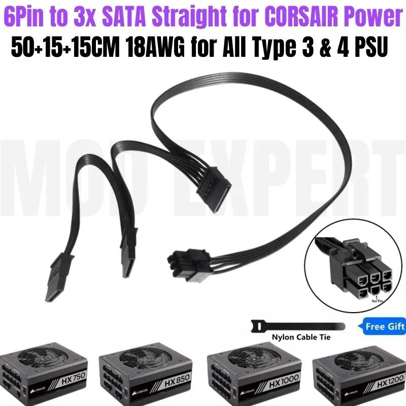 YEPLOOK YEPLOOK 6-Pin to 3 SATA Internal Power Cable 50+15+15CM 18AWG — product photo
