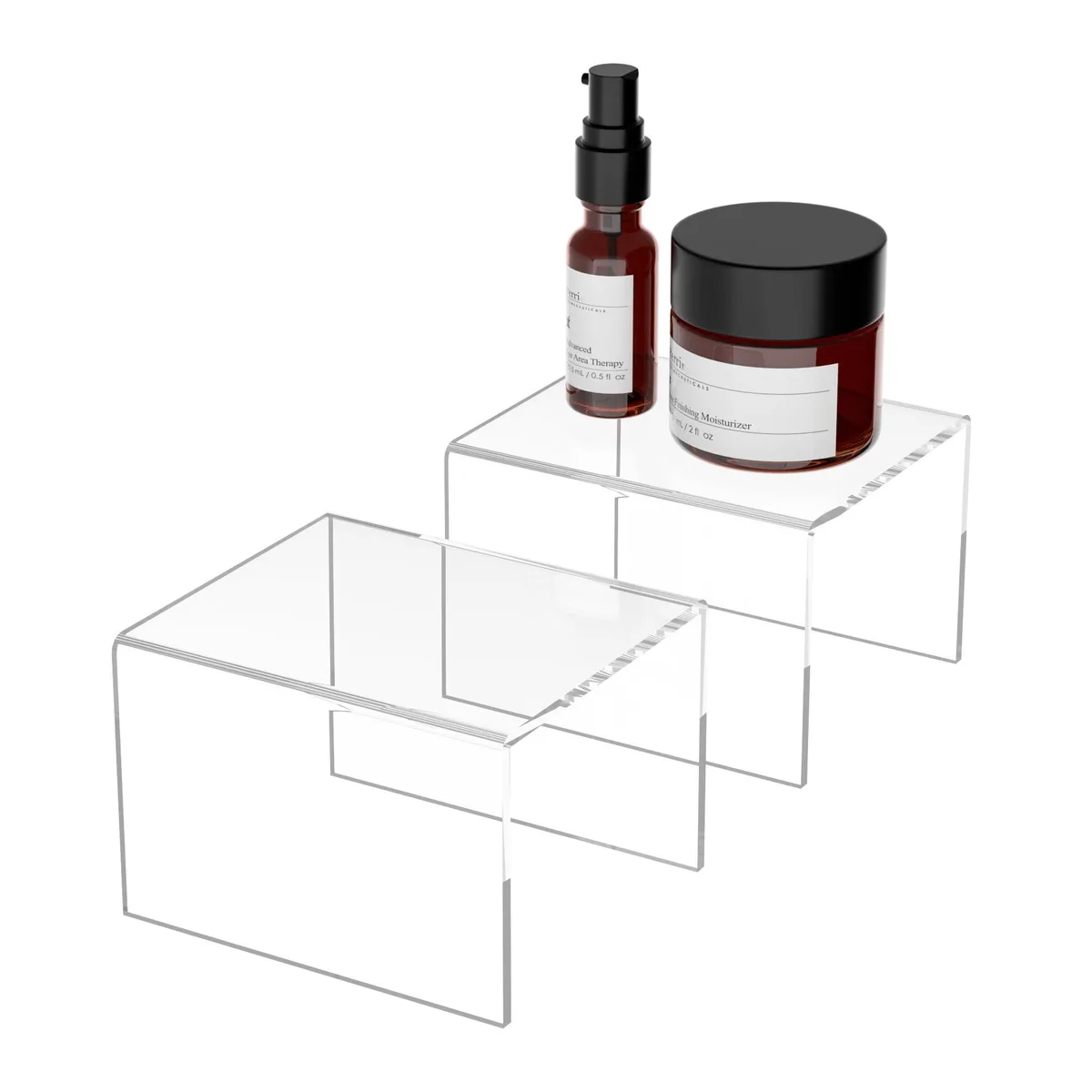 Two clear acrylic semicircular risers, polished finish, 6 by 5.1 by 4 inches