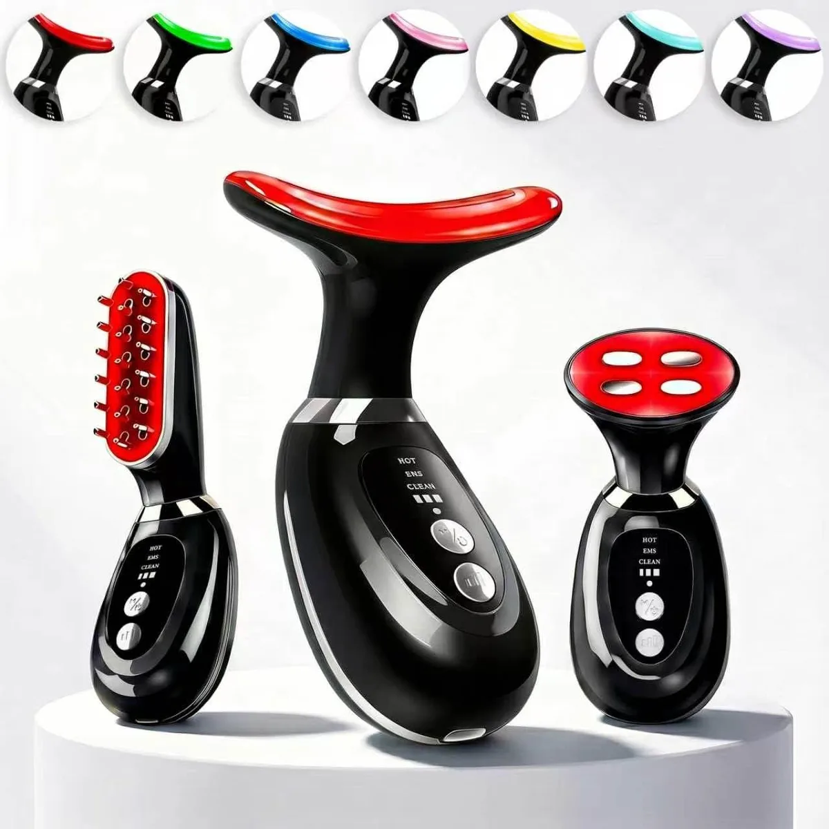 Black handheld facial massager with three interchangeable heads, LED ring, and heating function