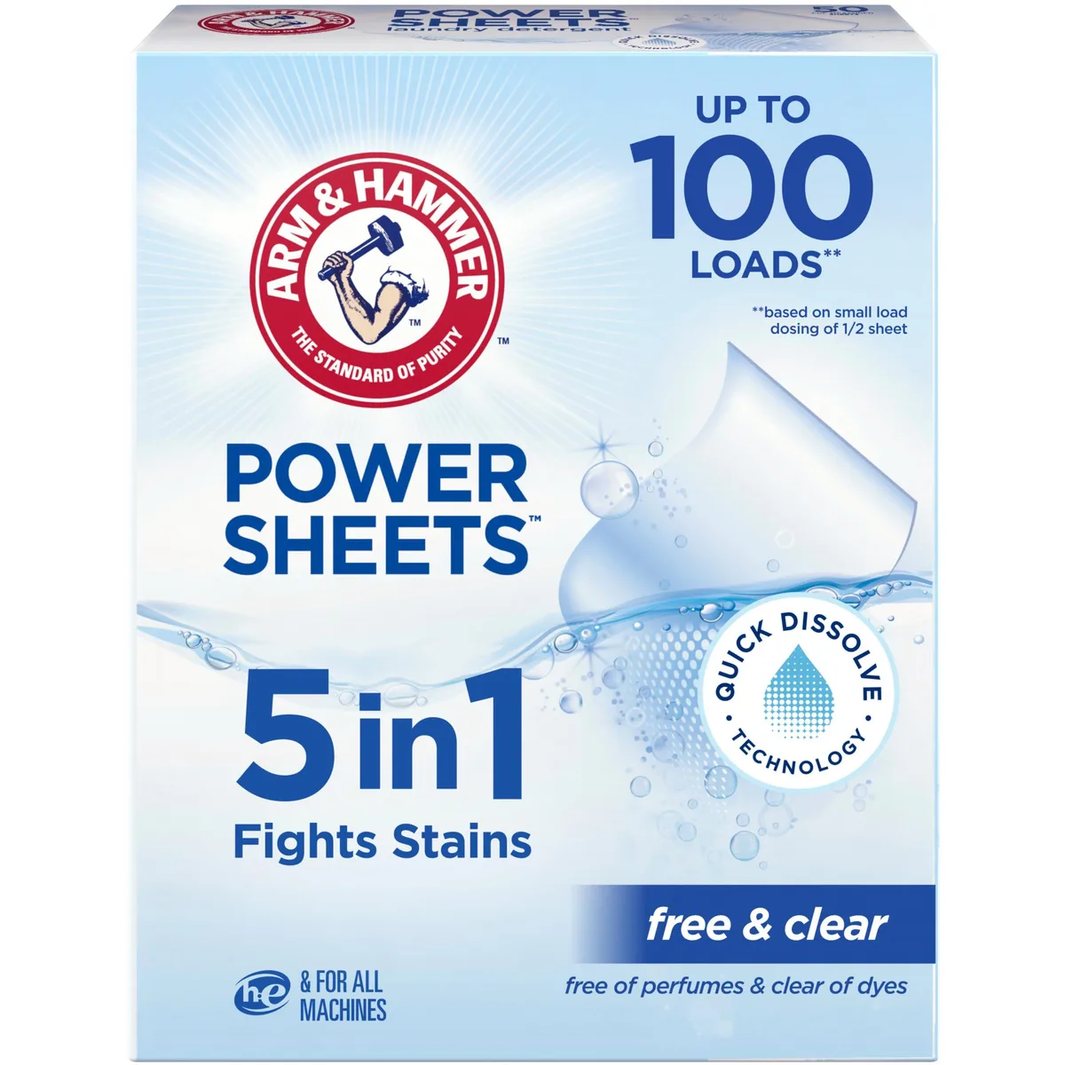 Rectangular box holding fifty dissolvable laundry sheets