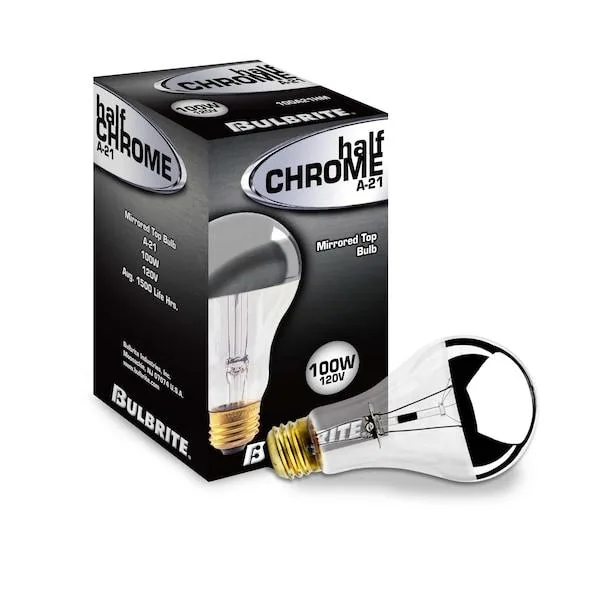 Eight A21 incandescent bulbs with half-chrome mirrored finish and E26 bases