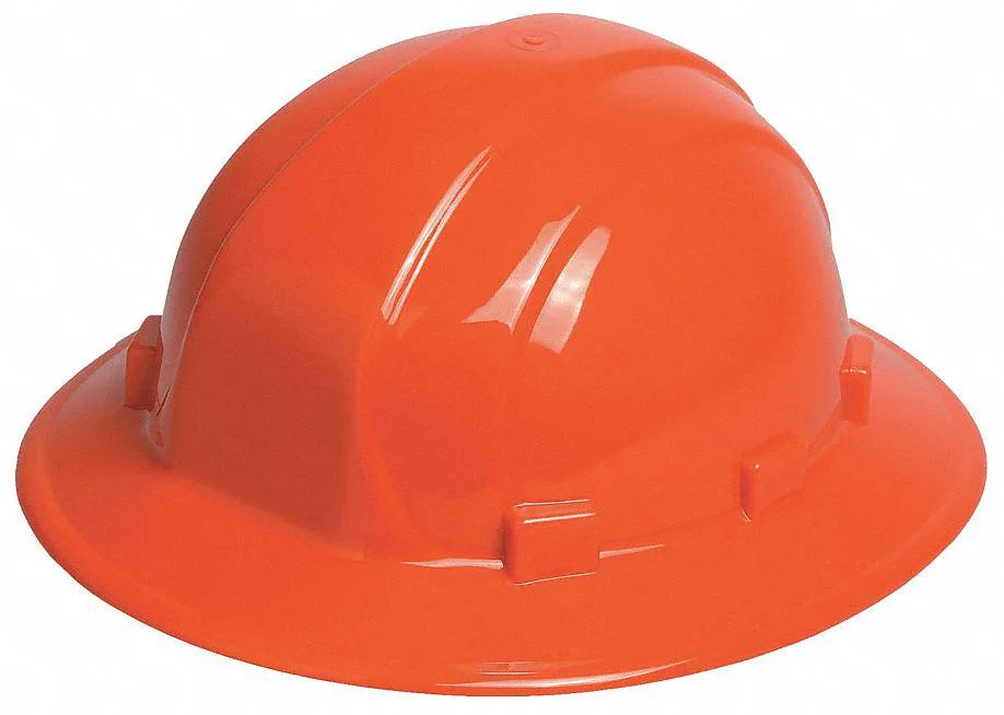Orange full-brim polyethylene hard hat with six-point pinlock suspension