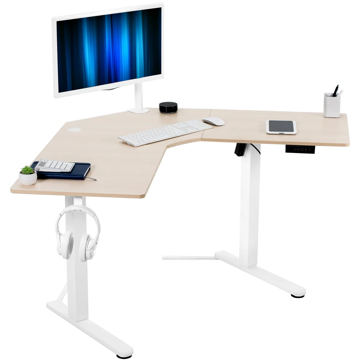 VIVO VIVO Electric Corner Standing Desk 47" x 47" Light Wood White Frame — product photo