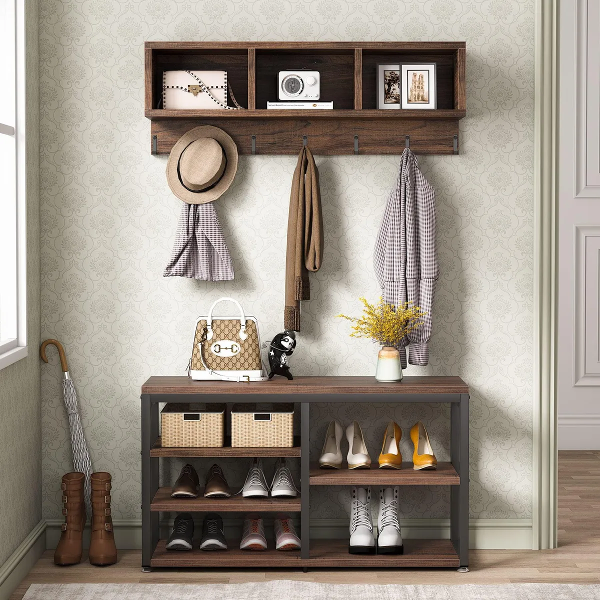 Rustic brown wall-mounted coat rack with shoe bench, three cubbies and seven hooks