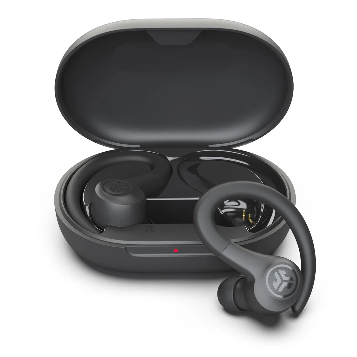 Graphite wireless earbuds with earhooks and charging case