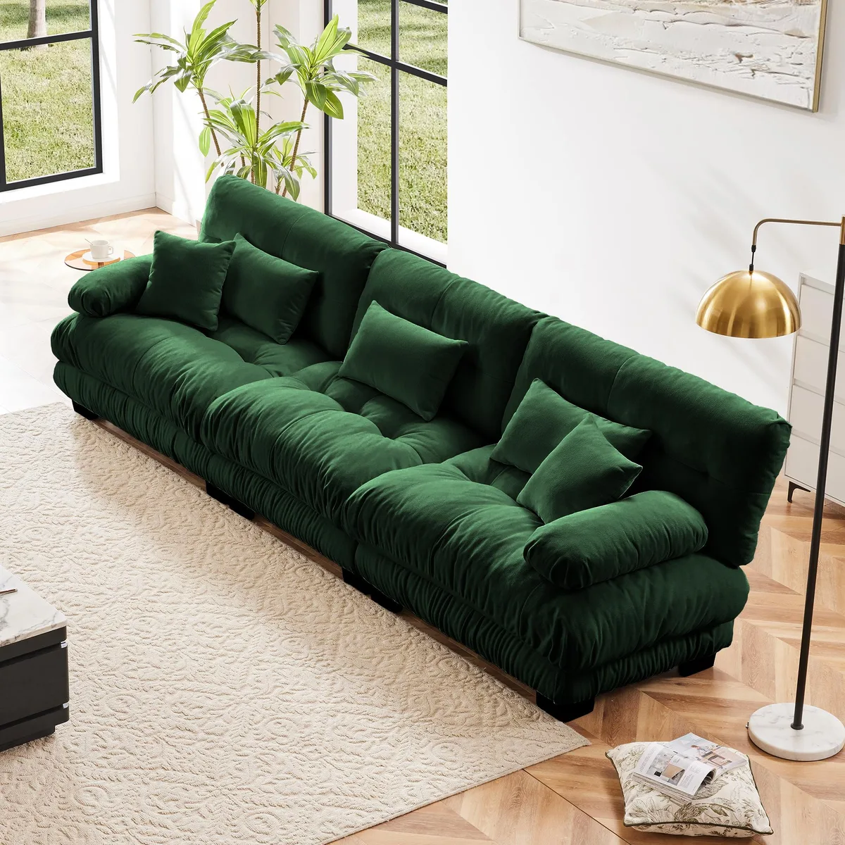 Green chenille 3-seater sectional sofa with rounded bolster armrests and deep seat cushions