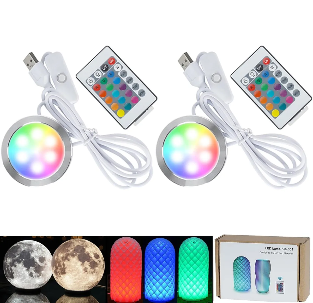 Two aluminium puck lights with USB cables and a remote control