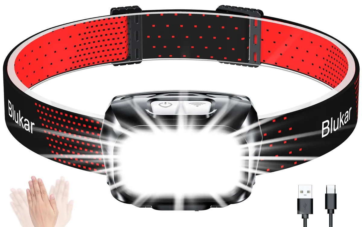 Black rectangular headlamp with front lens and adjustable strap