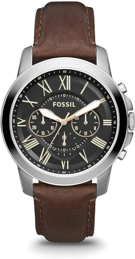 Fossil Grant 44mm chronograph watch with dark brown leather band and black sunray dial