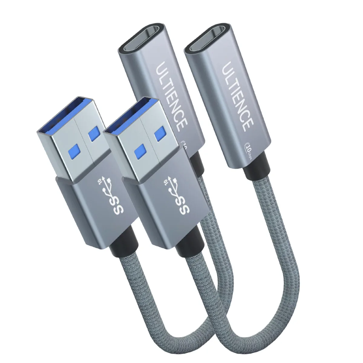  ULTIENCE USB-C to USB-A Adapter Cable 0.41ft Grey 2 Pack 10Gbps 60W — product photo