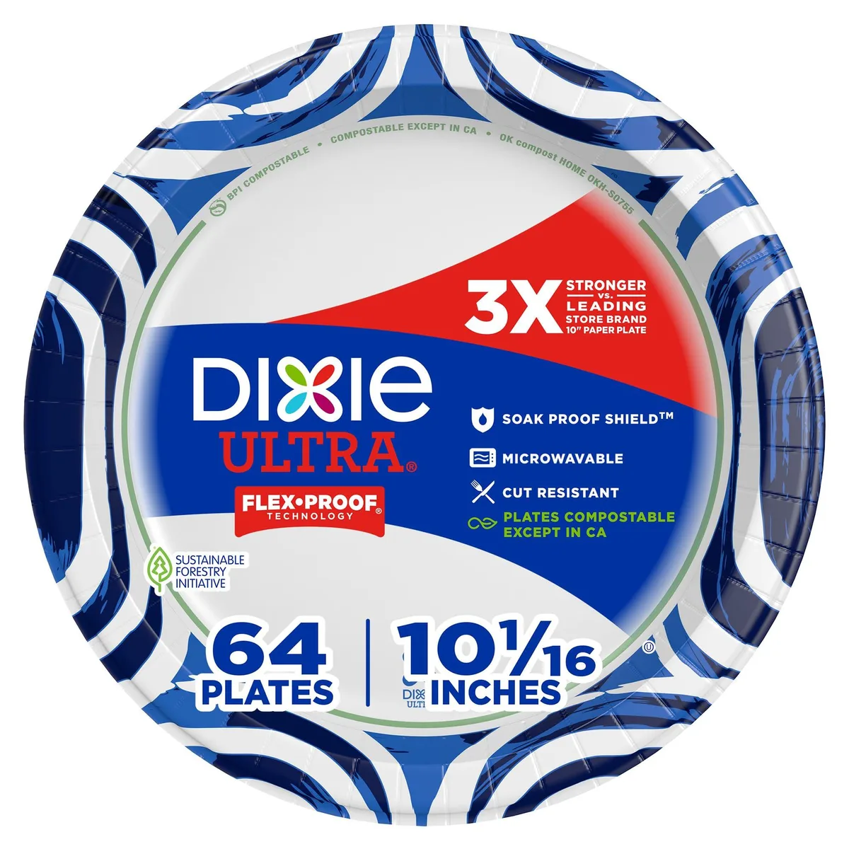 Stack of white rectangular disposable plates with indigo rim, 30 count