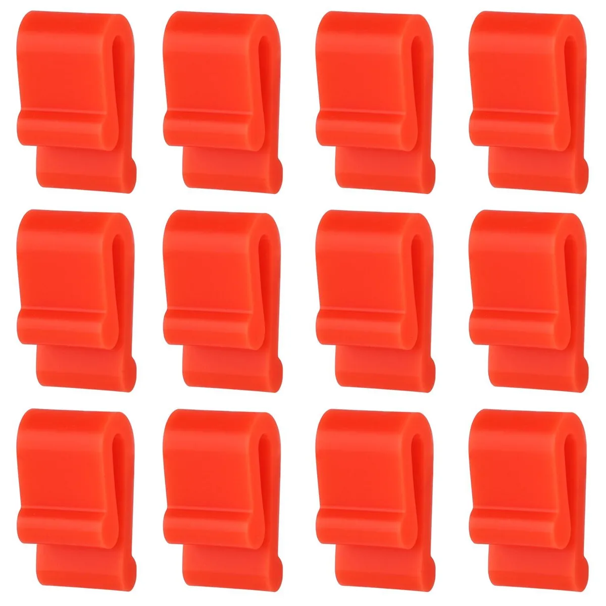 Twelve small red silicone clips, each about 2.6 by 1.9 cm, shown in a loose group