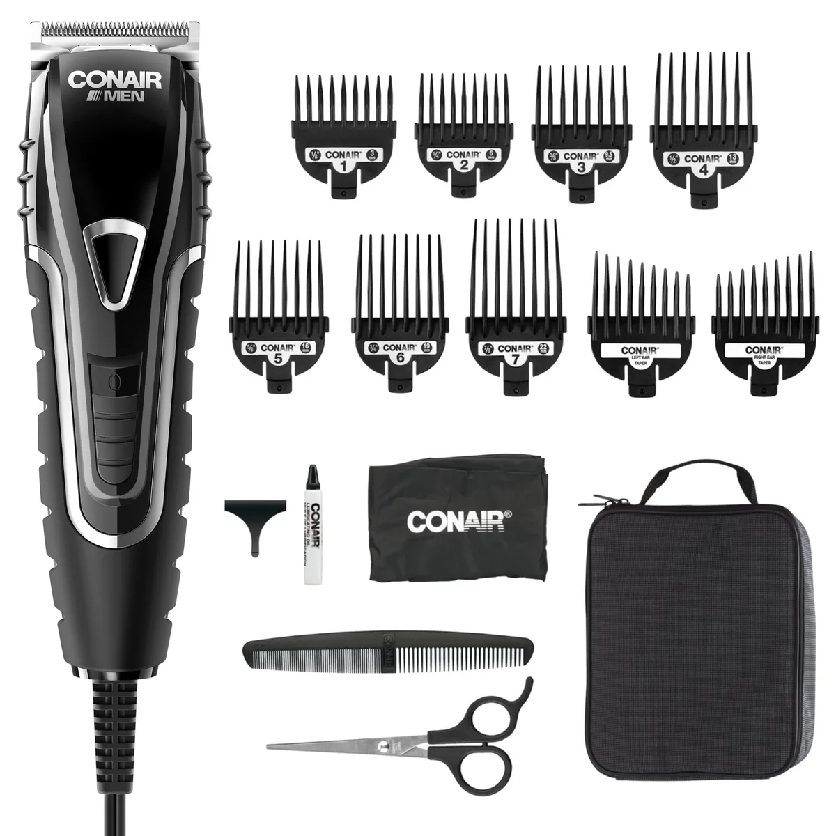 Black corded hair clipper with rubberised grip and taper lever in 16-piece kit