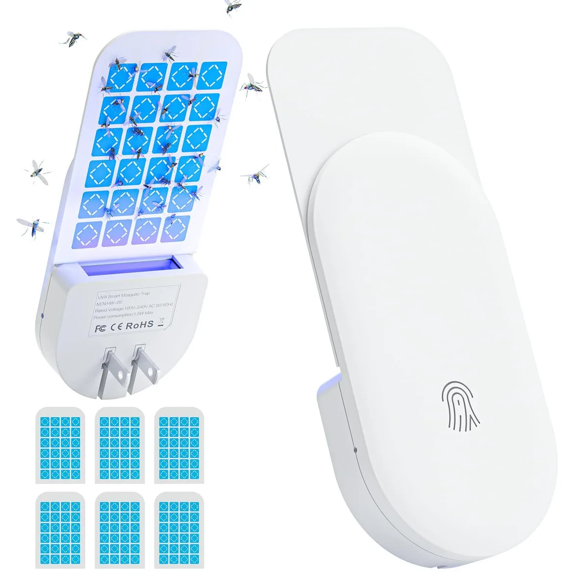 White plug-in insect trap with UV light and six glue cards