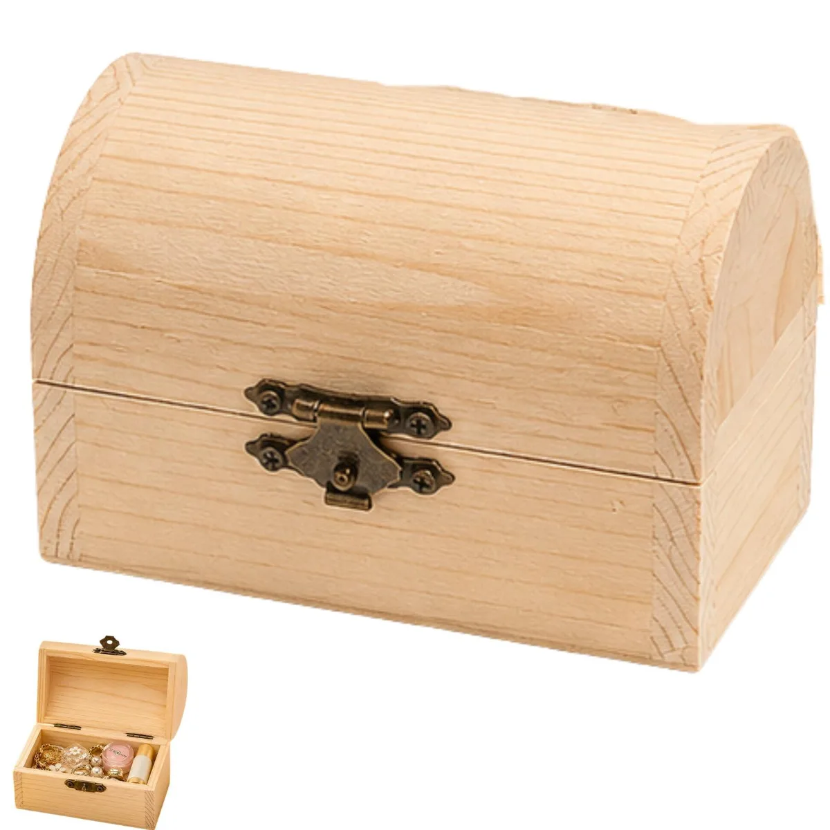  DIY Unfinished Wooden Pirate Treasure Chest, Pine Wood Toy Storage with Hinged Lid, Locking Clasp — product photo