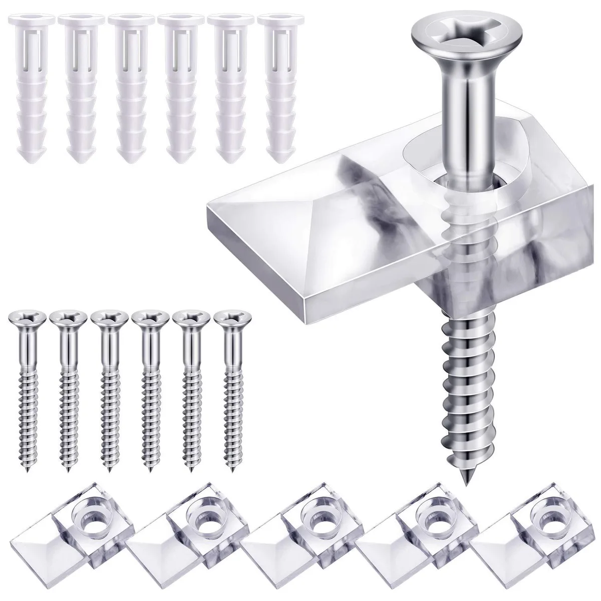Clear plastic mirror clips with screws and anchors, 20-piece kit