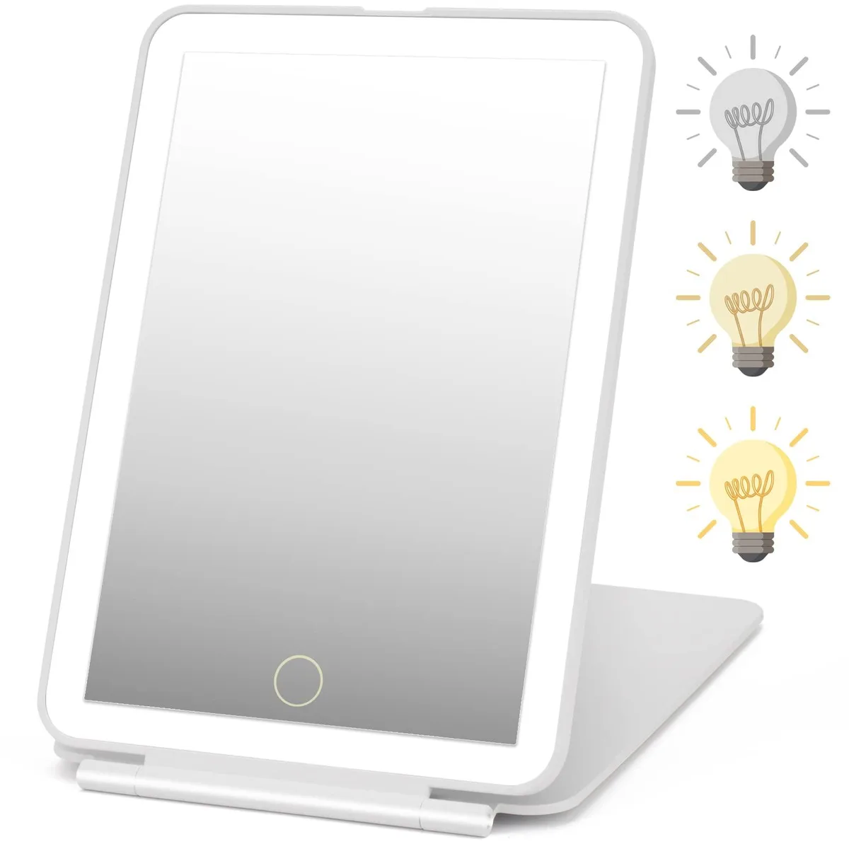 White rectangular travel mirror with 72 LEDs and foldable stand