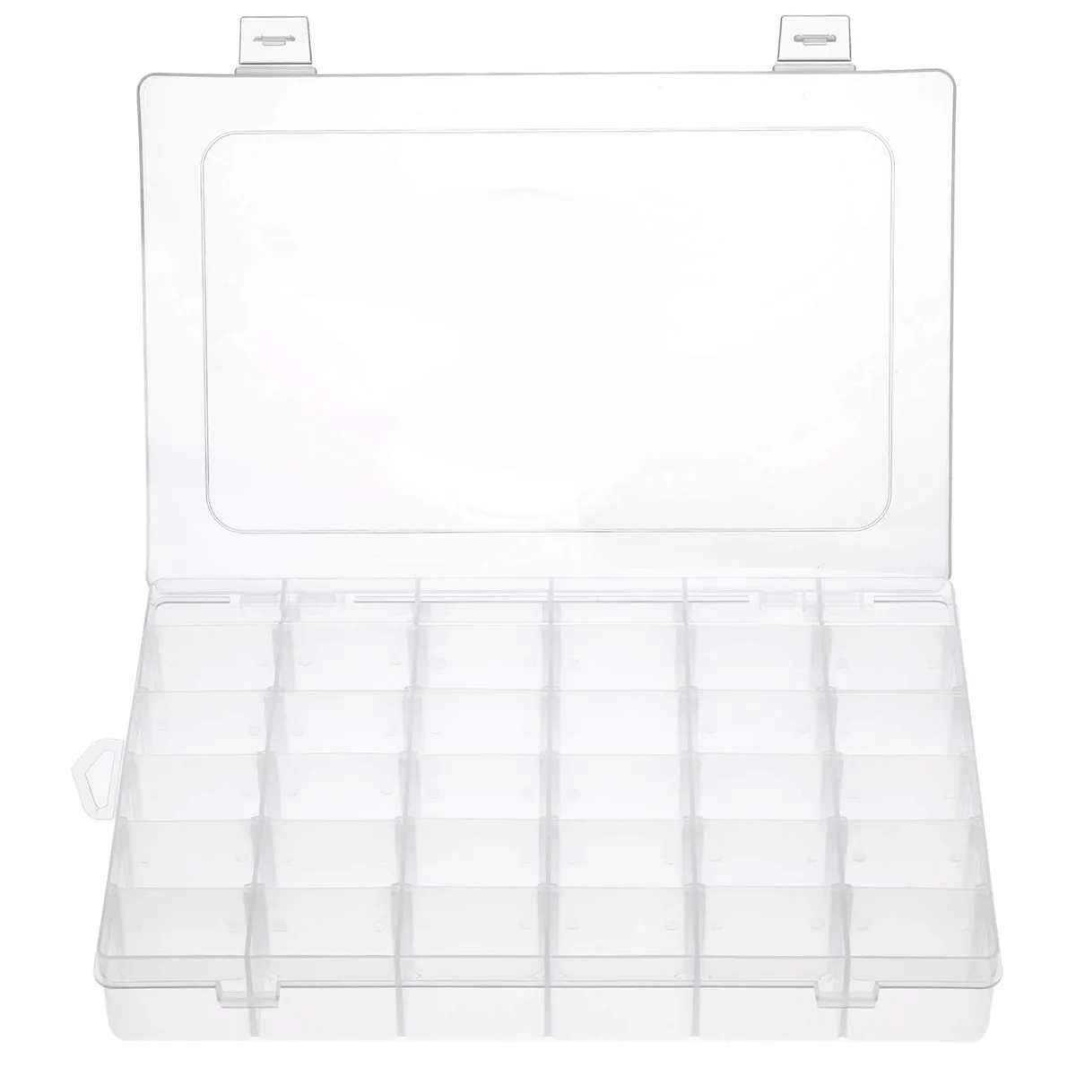 Clear plastic jewelry box with 36 adjustable grid compartments