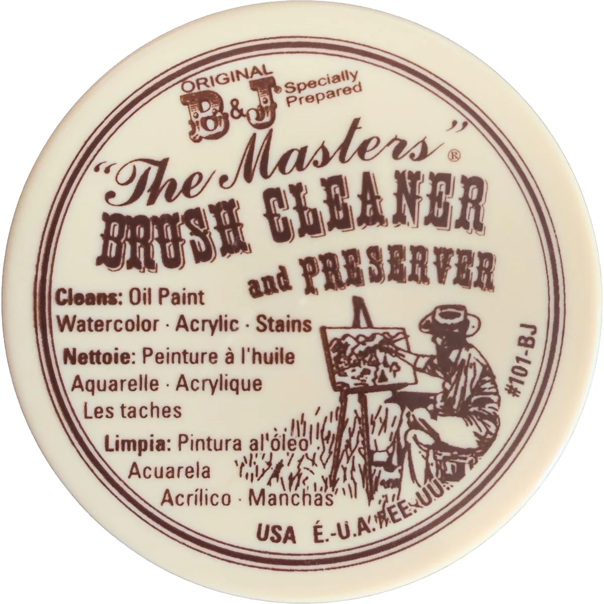 White solid brush cleaner in a 2.5 oz container