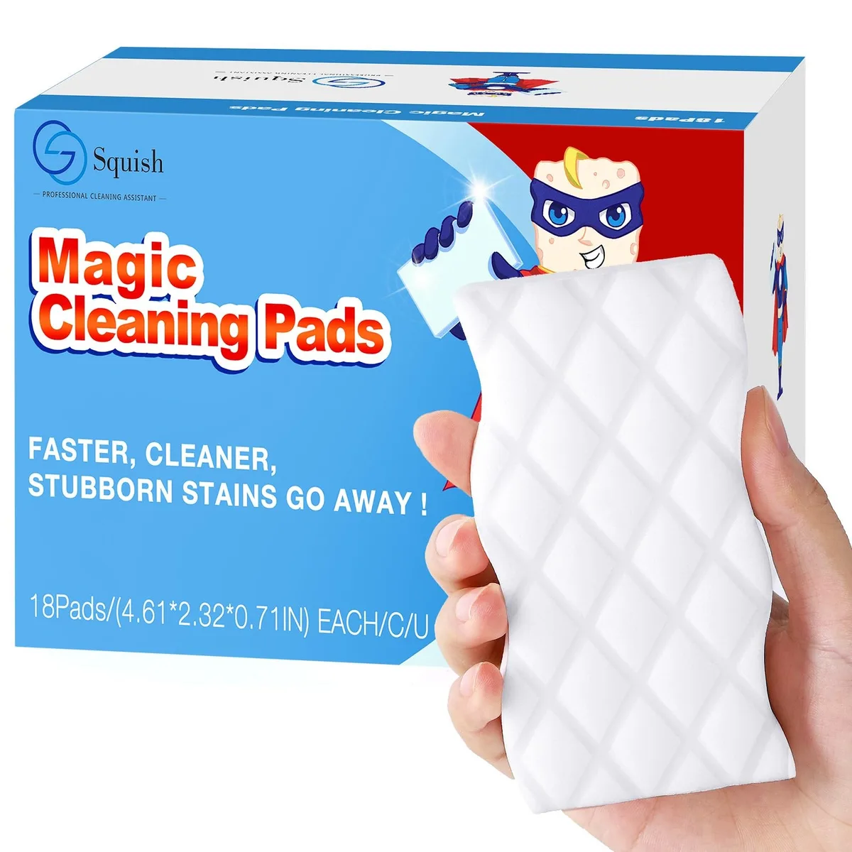 White rectangular melamine foam sponges in an 18-count pack