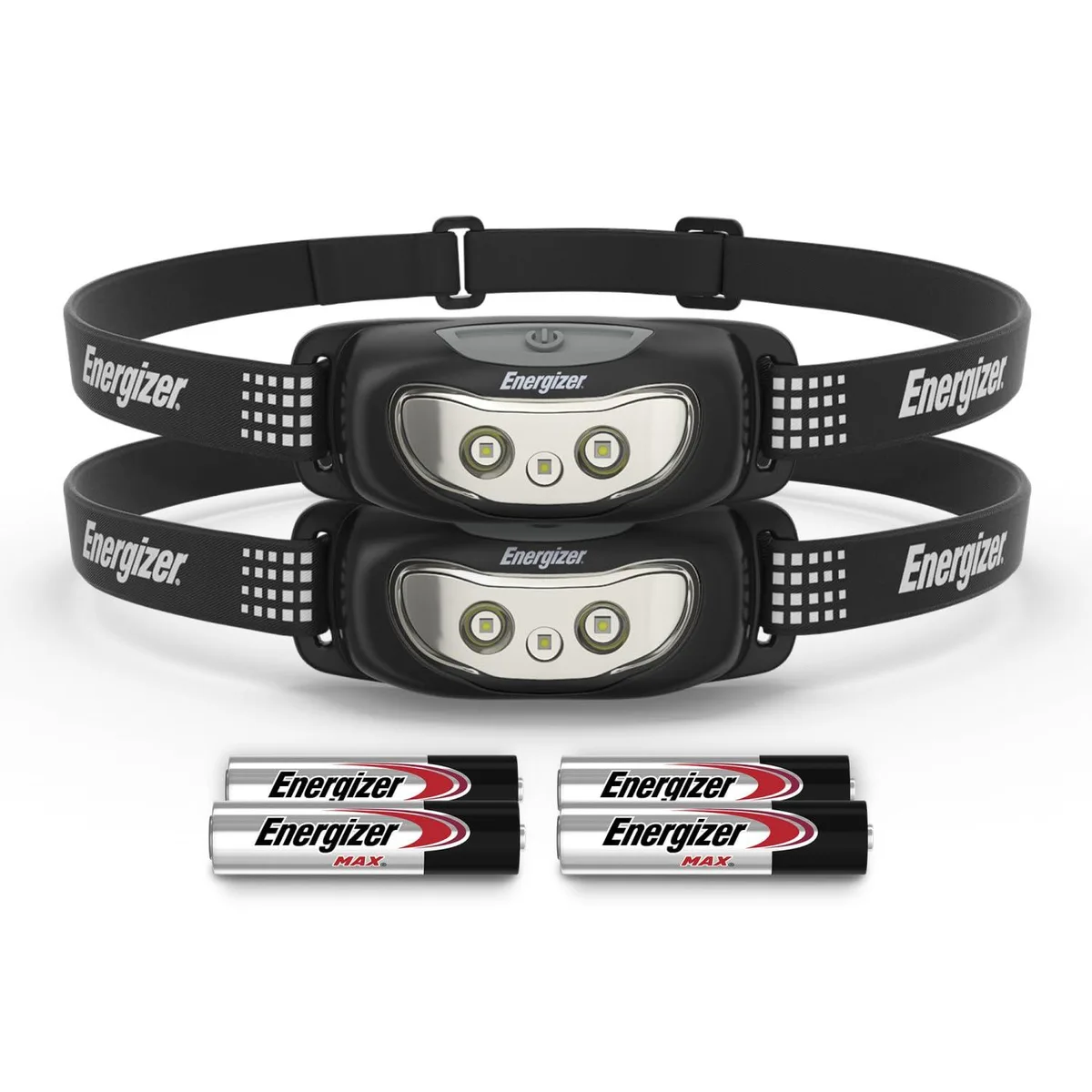 Two black headlamps with elastic straps and batteries included