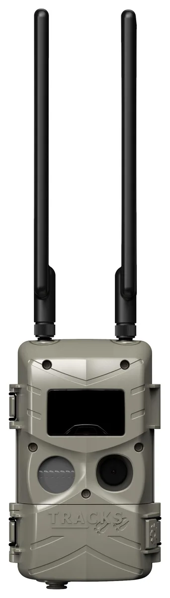 Compact mirrorless camera in dark housing with two antennas, a strap and a mount