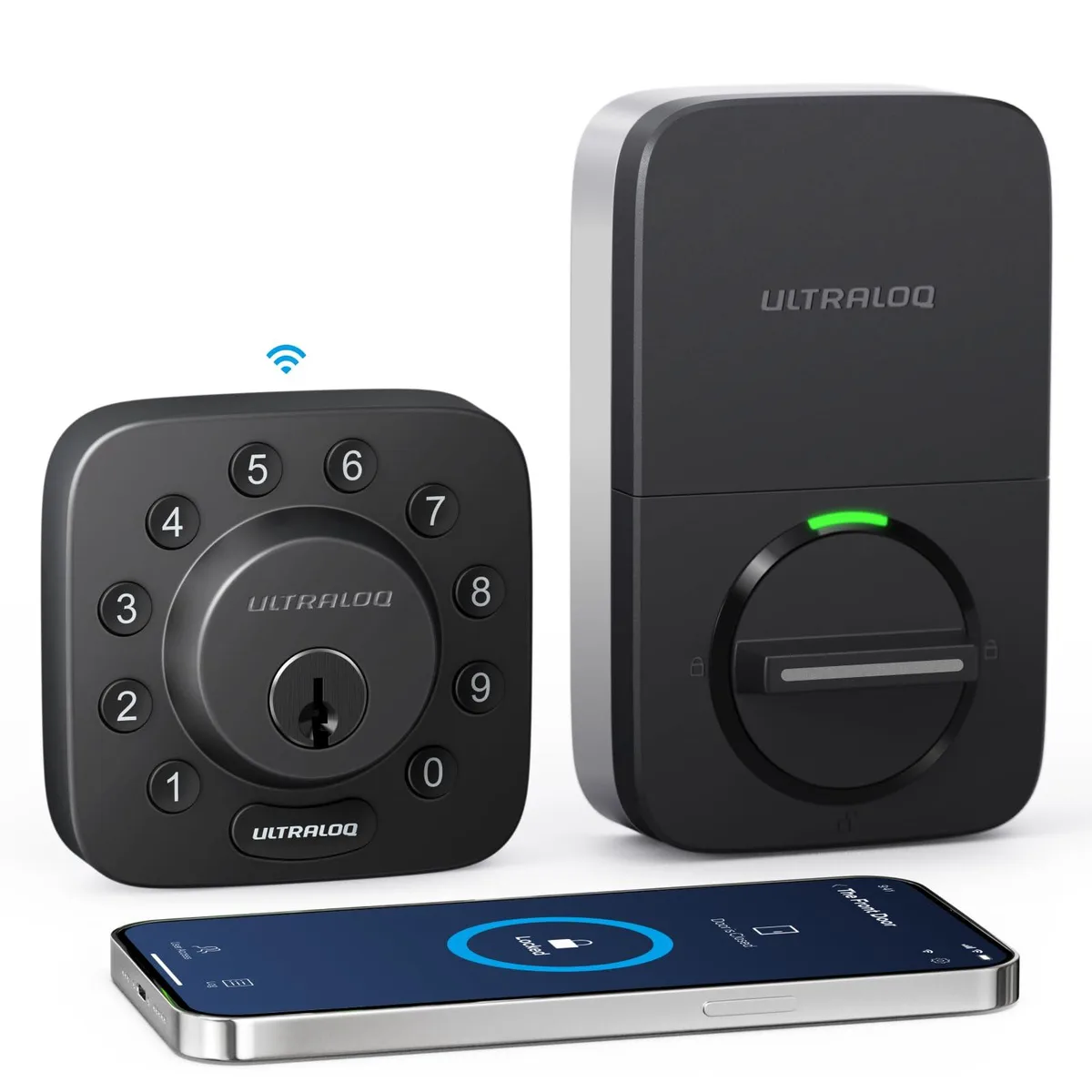Matte black smart deadbolt with keypad and door sensor, 2.95 inches square