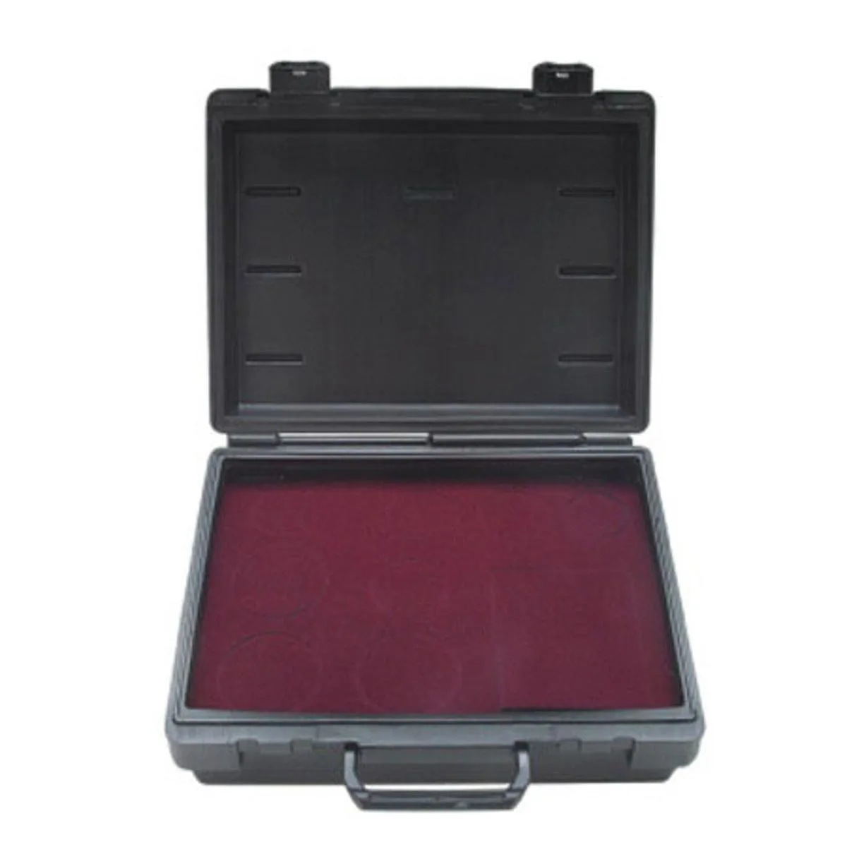 Black hard-shell case with custom foam insert for forensic powder kit components
