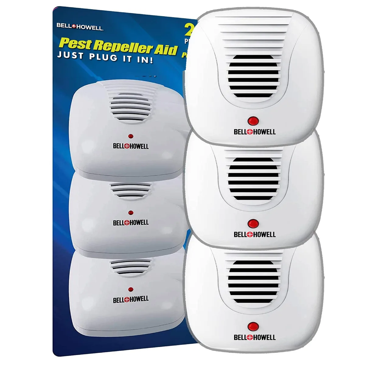 Three white plug-in pest repellers with LED indicator lights