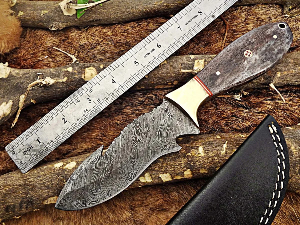 Damascus Depot Damascus Depot 9" Skinning Knife Gut Hook Camel Bone Brass Bolster Leather Sheath — product photo