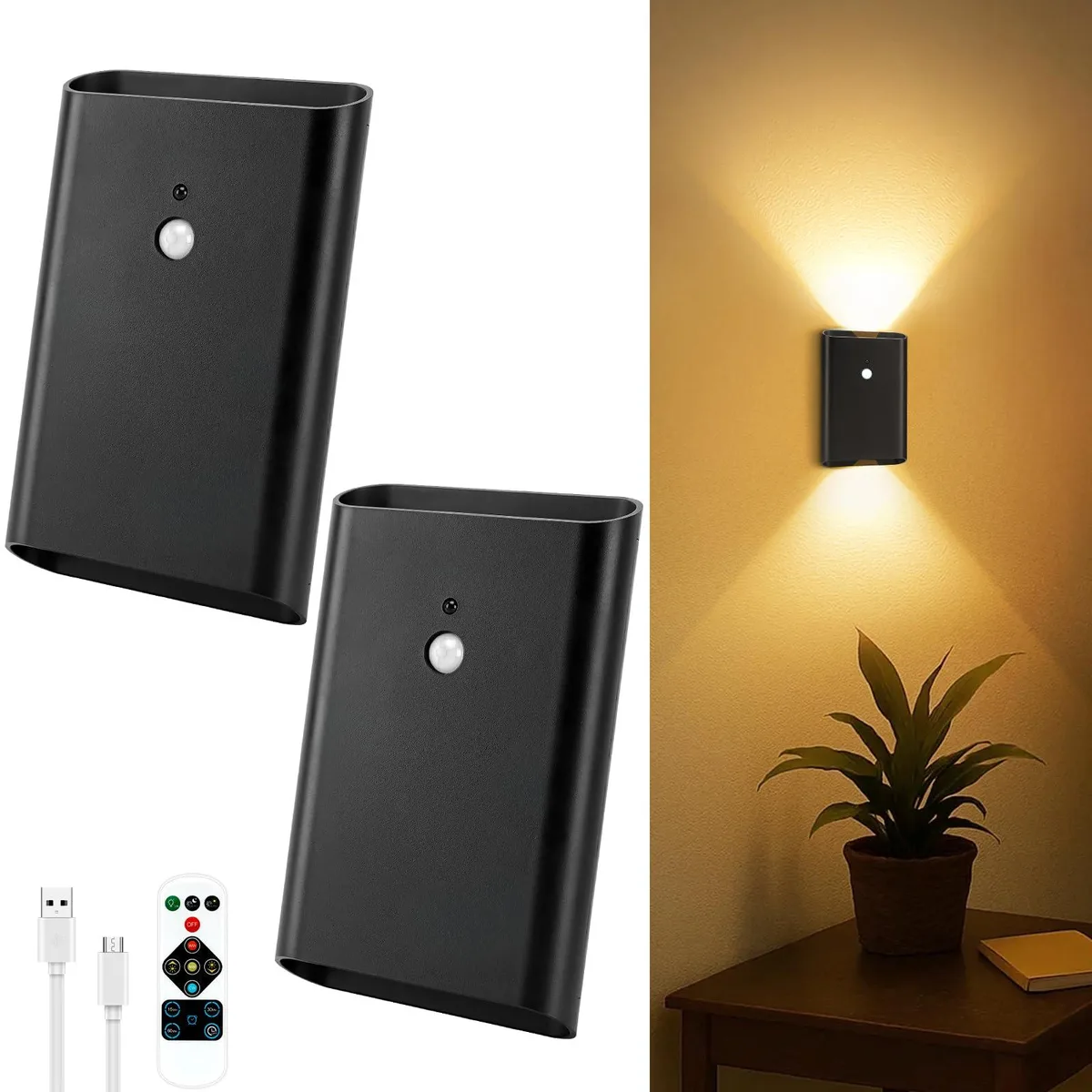 Two black rectangular wall lights with magnetic backs and remote control