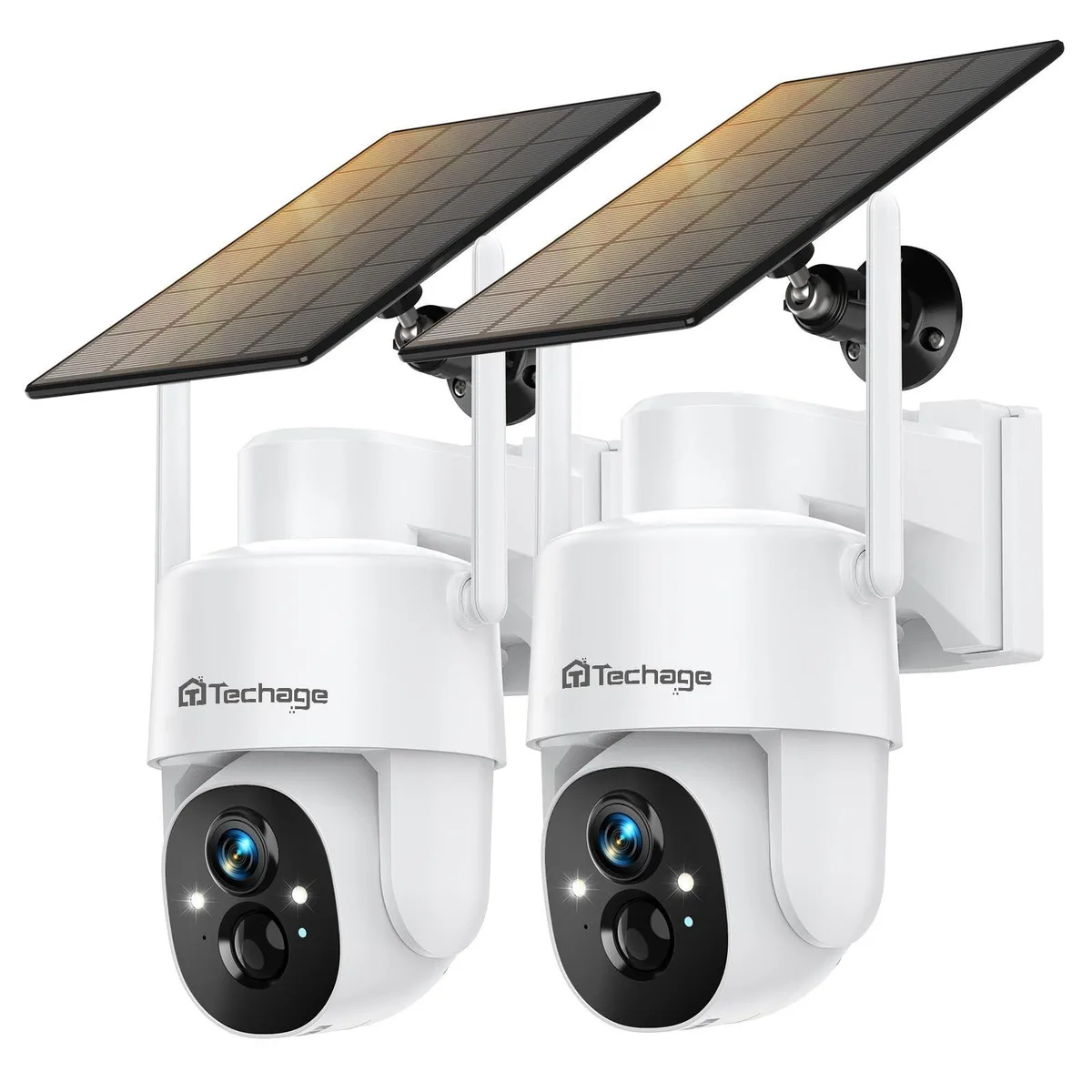 Two white outdoor security cameras with solar panels mounted on walls