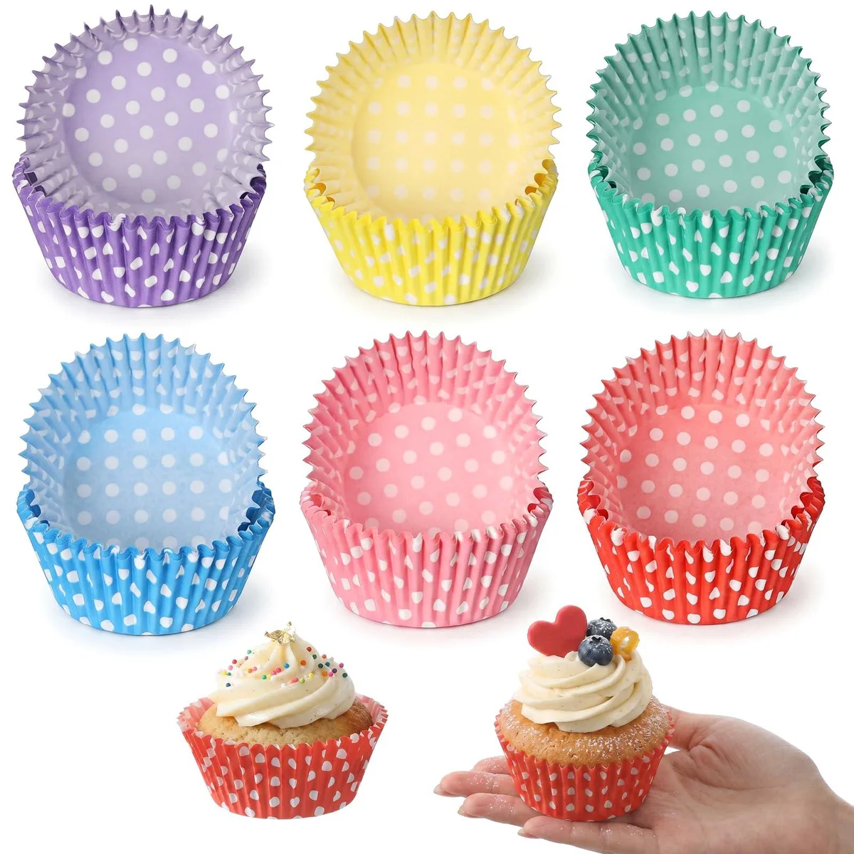 Rainbow polka-dot mini cupcake liners, 100 paper cups