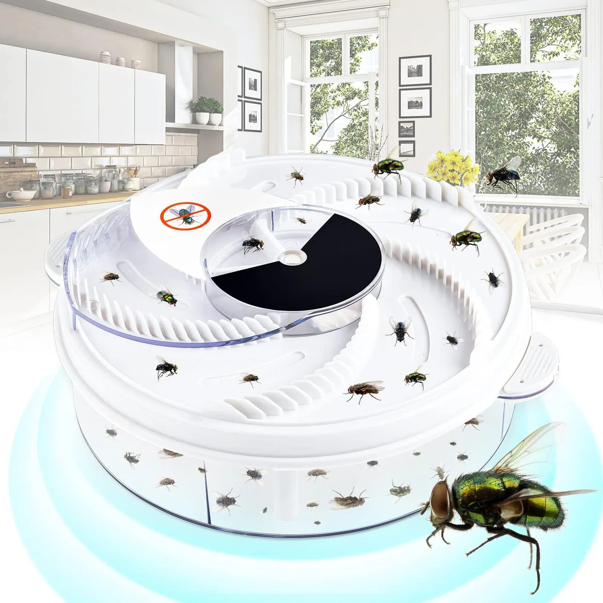 White square plastic fly trap with rotating arms and USB cable, about 19 by 19 by 7 centimetres